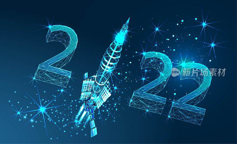 2022. 2022年新年快乐横幅设计。2022年新年贺年海报与火箭发射。几何多边形2022年新年贺卡。向量爆竹背景。低多边形。